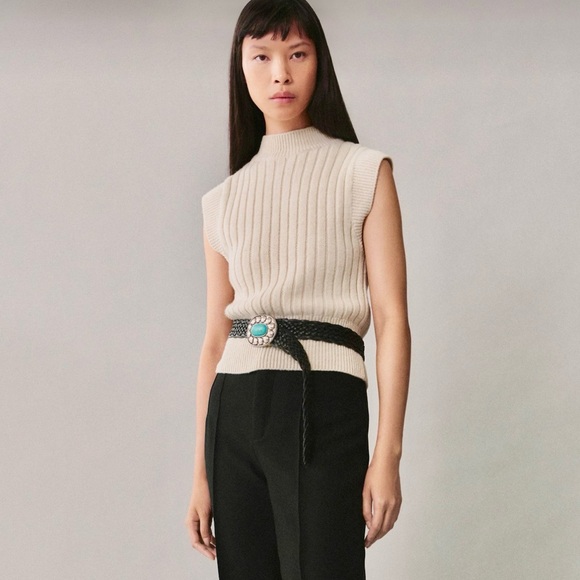 New Mango Perkins Neck Beige Sleeveless Ribbed Turtleneck Sweater - Picture 3 of 5